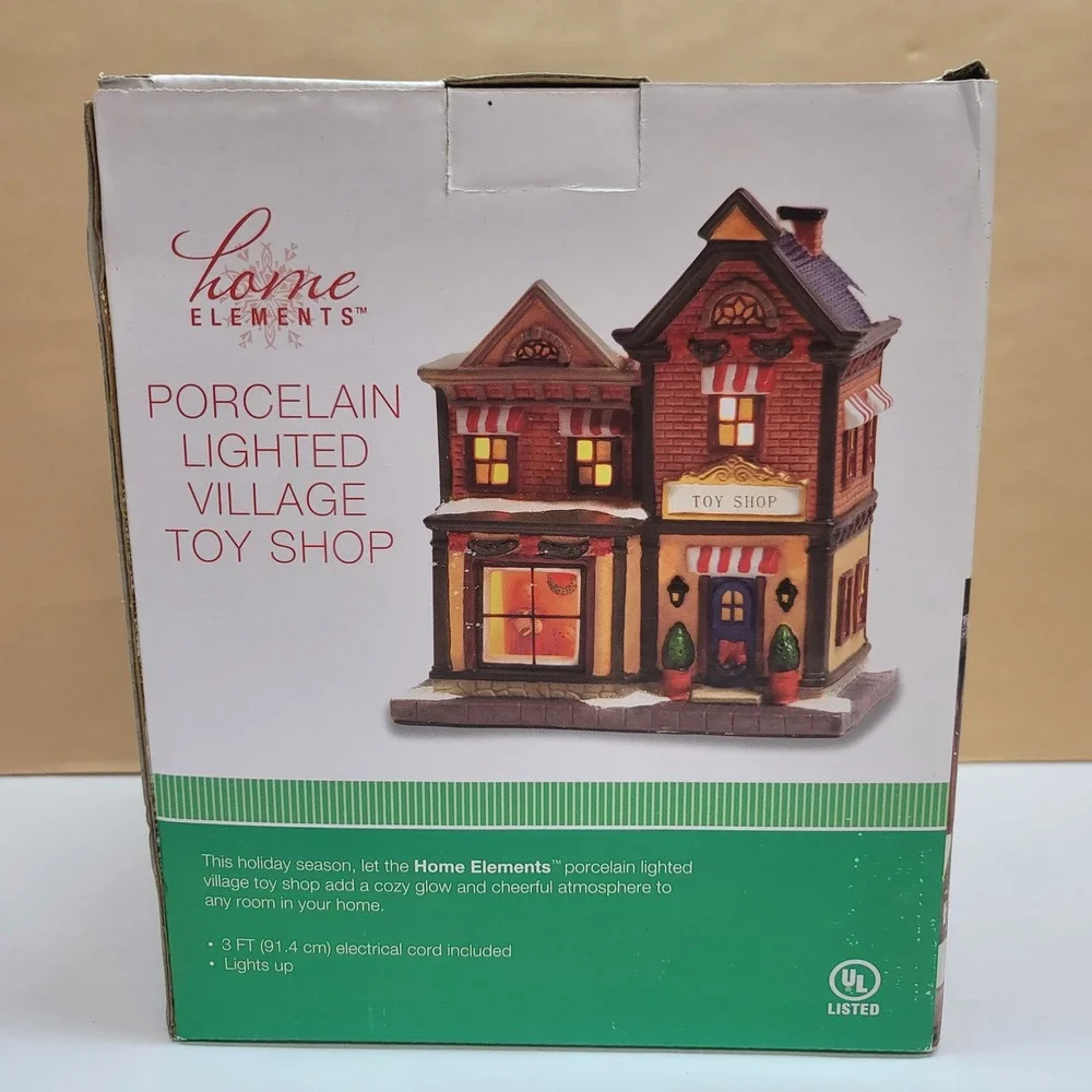 Home Elements Christmas Porcelain Lighted Village Toy Shop w/Window Scene Decor